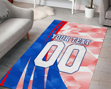 Personalized England Football Area Rug Powerful Lion Kicking Ball Red Blue Chevron Zigzag