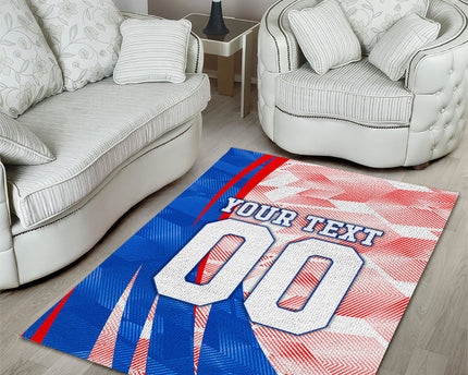 Personalized England Football Area Rug Powerful Lion Kicking Ball Red Blue Chevron Zigzag