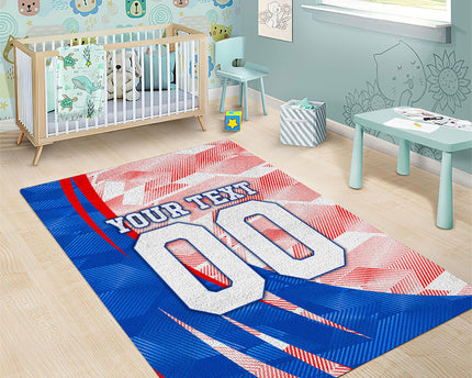 Personalized England Football Area Rug Powerful Lion Kicking Ball Red Blue Chevron Zigzag