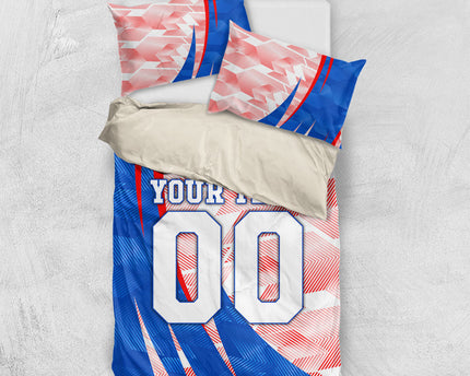 Personalized England Football Bedding Set Powerful Lion Kicking Ball Red Blue Chevron Zigzag