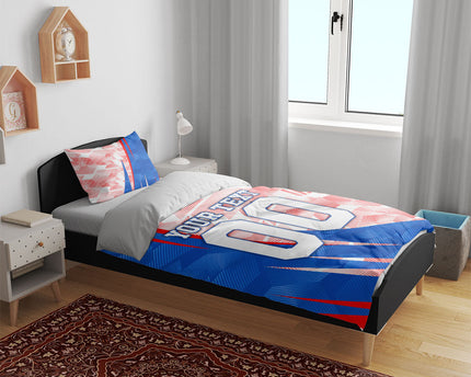 Personalized England Football Bedding Set Powerful Lion Kicking Ball Red Blue Chevron Zigzag