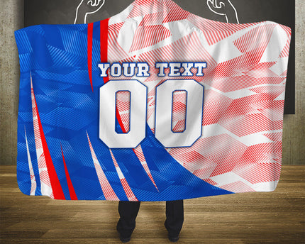 Personalized England Football Hooded Blanket Powerful Lion Kicking Ball Red Blue Chevron Zigzag