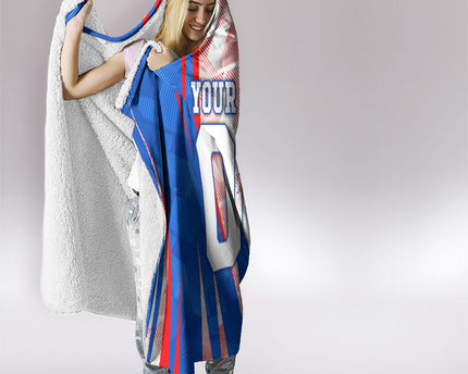 Personalized England Football Hooded Blanket Powerful Lion Kicking Ball Red Blue Chevron Zigzag