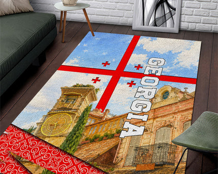 Georgia National Flag Area Rug Tbilisi Clock Tower Heritage Sky Art