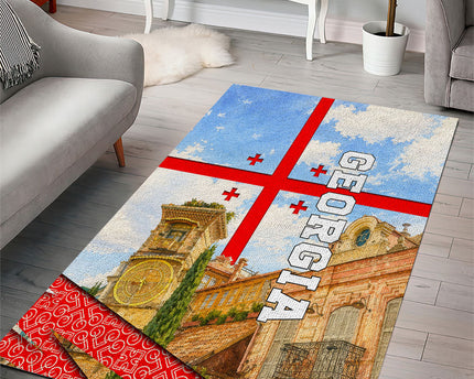 Georgia National Flag Area Rug Tbilisi Clock Tower Heritage Sky Art
