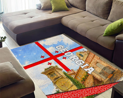 Georgia National Flag Area Rug Tbilisi Clock Tower Heritage Sky Art