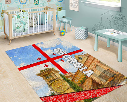 Georgia National Flag Area Rug Tbilisi Clock Tower Heritage Sky Art