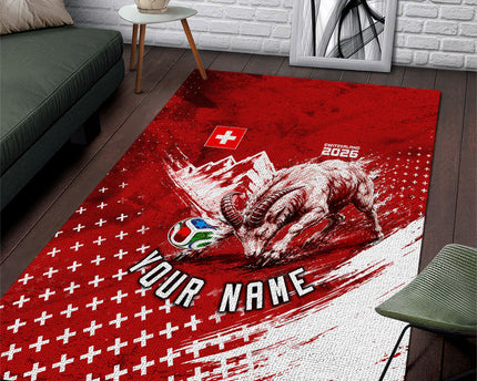 Personalized Switzerland Ibex Soccer 2026 Area Rug Grunge Swiss Football Cross Mountain