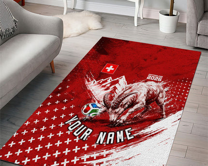 Personalized Switzerland Ibex Soccer 2026 Area Rug Grunge Swiss Football Cross Mountain