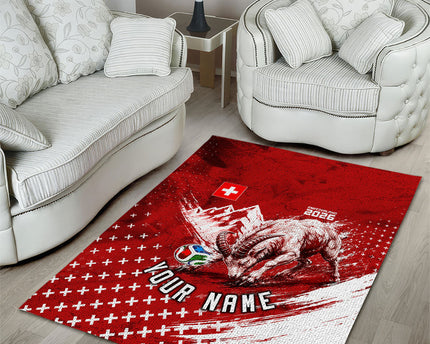 Personalized Switzerland Ibex Soccer 2026 Area Rug Grunge Swiss Football Cross Mountain