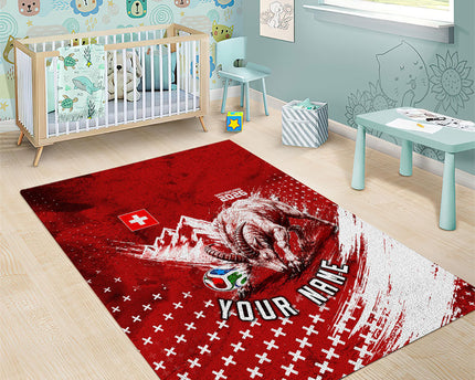 Personalized Switzerland Ibex Soccer 2026 Area Rug Grunge Swiss Football Cross Mountain
