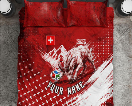 Personalized Switzerland Ibex Soccer 2026 Bedding Set Grunge Swiss Football Cross Mountain