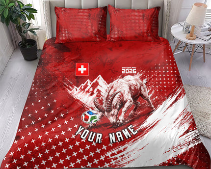 Personalized Switzerland Ibex Soccer 2026 Bedding Set Grunge Swiss Football Cross Mountain
