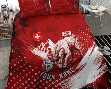 Personalized Switzerland Ibex Soccer 2026 Bedding Set Grunge Swiss Football Cross Mountain