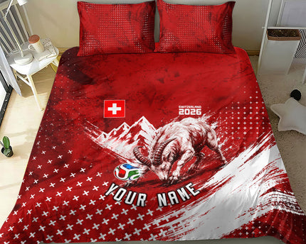 Personalized Switzerland Ibex Soccer 2026 Bedding Set Grunge Swiss Football Cross Mountain