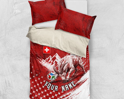 Personalized Switzerland Ibex Soccer 2026 Bedding Set Grunge Swiss Football Cross Mountain