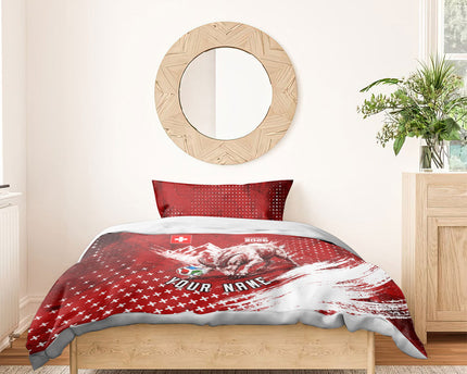 Personalized Switzerland Ibex Soccer 2026 Bedding Set Grunge Swiss Football Cross Mountain