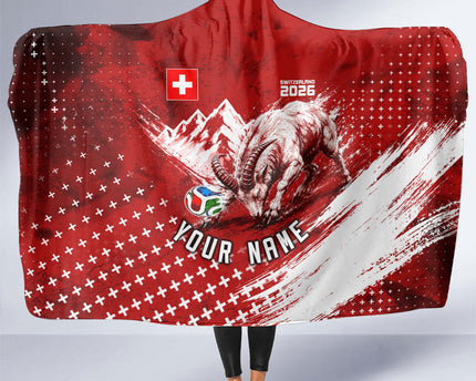 Personalized Switzerland Ibex Soccer 2026 Hooded Blanket Grunge Swiss Football Cross Mountain