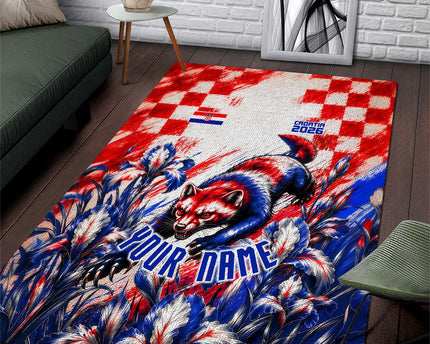 Personalized Croatia Marten Soccer 2026 Area Rug Football Grunge Checkerboard Croatian Iris Floral
