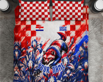 Personalized Croatia Marten Soccer 2026 Bedding Set Football Grunge Checkerboard Croatian Iris Floral