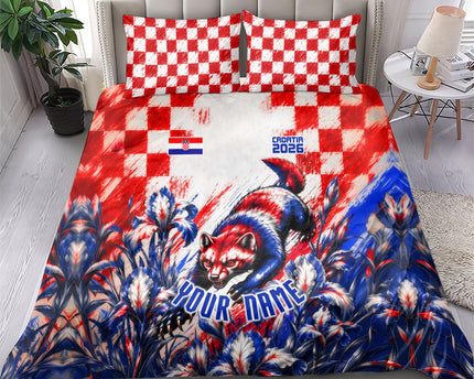 Personalized Croatia Marten Soccer 2026 Bedding Set Football Grunge Checkerboard Croatian Iris Floral