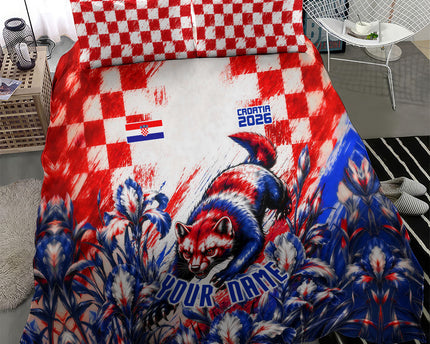 Personalized Croatia Marten Soccer 2026 Bedding Set Football Grunge Checkerboard Croatian Iris Floral