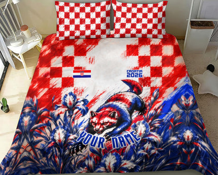 Personalized Croatia Marten Soccer 2026 Bedding Set Football Grunge Checkerboard Croatian Iris Floral