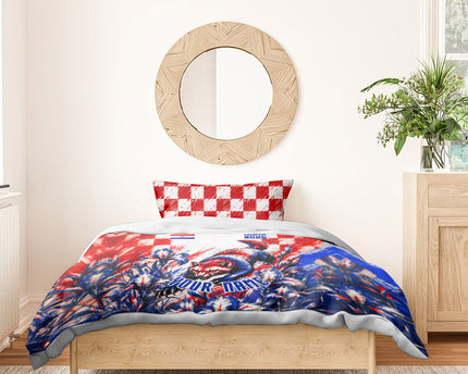 Personalized Croatia Marten Soccer 2026 Bedding Set Football Grunge Checkerboard Croatian Iris Floral