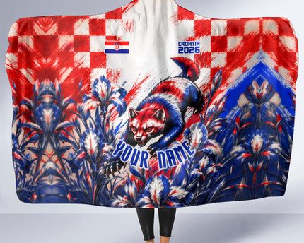 Personalized Croatia Marten Soccer 2026 Hooded Blanket Football Grunge Checkerboard Croatian Iris Floral