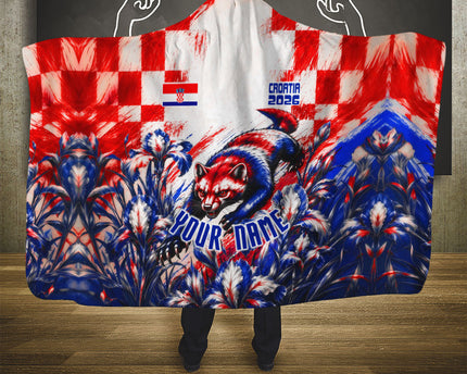 Personalized Croatia Marten Soccer 2026 Hooded Blanket Football Grunge Checkerboard Croatian Iris Floral