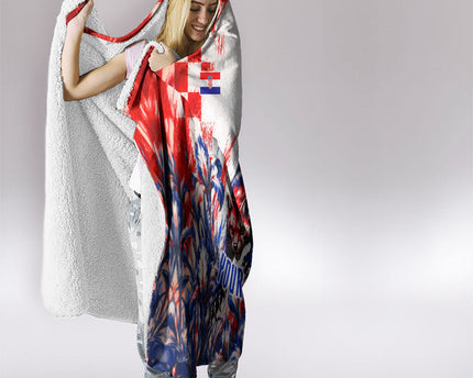 Personalized Croatia Marten Soccer 2026 Hooded Blanket Football Grunge Checkerboard Croatian Iris Floral