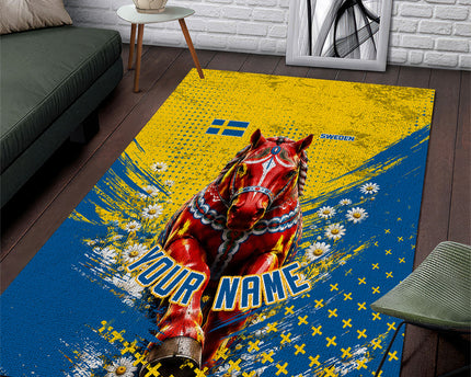 Personalized Sweden Dala Horse Soccer Area Rug Grunge Swedish Flag Cheering Fans Floral