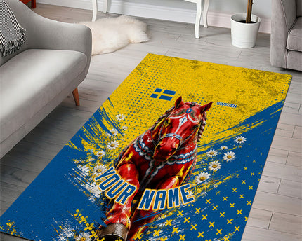 Personalized Sweden Dala Horse Soccer Area Rug Grunge Swedish Flag Cheering Fans Floral