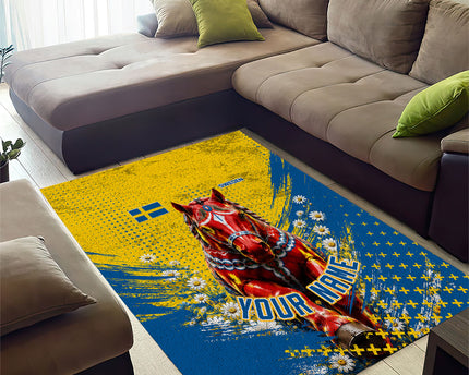 Personalized Sweden Dala Horse Soccer Area Rug Grunge Swedish Flag Cheering Fans Floral