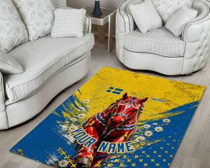 Personalized Sweden Dala Horse Soccer Area Rug Grunge Swedish Flag Cheering Fans Floral