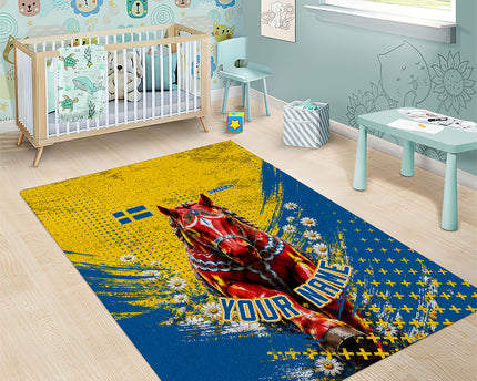 Personalized Sweden Dala Horse Soccer Area Rug Grunge Swedish Flag Cheering Fans Floral