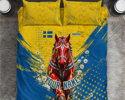 Personalized Sweden Dala Horse Soccer Bedding Set Grunge Swedish Flag Cheering Fans Floral