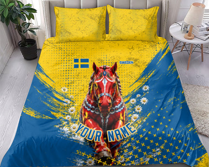 Personalized Sweden Dala Horse Soccer Bedding Set Grunge Swedish Flag Cheering Fans Floral