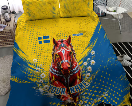 Personalized Sweden Dala Horse Soccer Bedding Set Grunge Swedish Flag Cheering Fans Floral