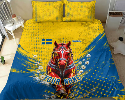 Personalized Sweden Dala Horse Soccer Bedding Set Grunge Swedish Flag Cheering Fans Floral