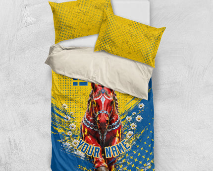 Personalized Sweden Dala Horse Soccer Bedding Set Grunge Swedish Flag Cheering Fans Floral