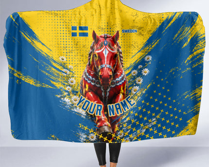Personalized Sweden Dala Horse Soccer Hooded Blanket Grunge Swedish Flag Cheering Fans Floral