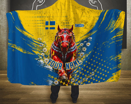 Personalized Sweden Dala Horse Soccer Hooded Blanket Grunge Swedish Flag Cheering Fans Floral