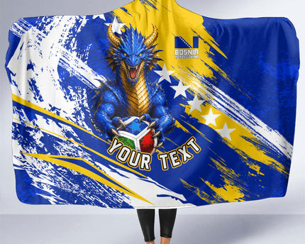 Personalized Bosnia Herzegovina Dragon Soccer Hooded Blanket Bosnian Football Flag Stars Fleur De Lis Grunge