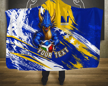 Personalized Bosnia Herzegovina Dragon Soccer Hooded Blanket Bosnian Football Flag Stars Fleur De Lis Grunge
