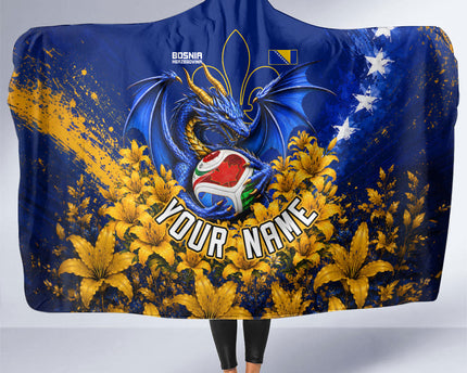 Personalized Bosnia Herzegovina Dragon Soccer Hooded Blanket Football Golden Lily Bosnian Flag Cheering Fans