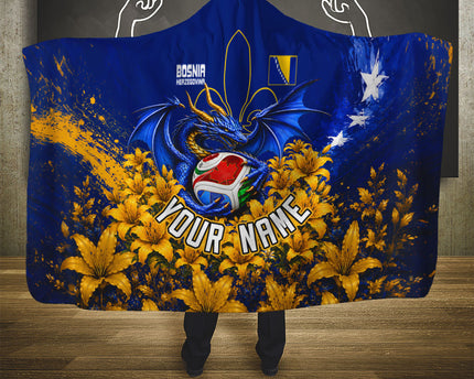 Personalized Bosnia Herzegovina Dragon Soccer Hooded Blanket Football Golden Lily Bosnian Flag Cheering Fans