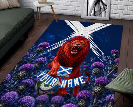 Personalized Scotland Red Lion Soccer Area Rug Scottish Saltire Flag Purple Thistle Cheering Fans