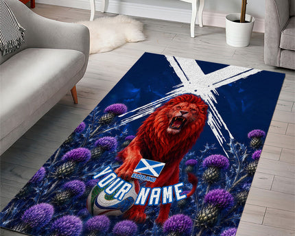 Personalized Scotland Red Lion Soccer Area Rug Scottish Saltire Flag Purple Thistle Cheering Fans