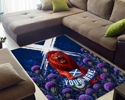 Personalized Scotland Red Lion Soccer Area Rug Scottish Saltire Flag Purple Thistle Cheering Fans